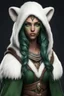 Placeholder: A realistic wood elf druid from dungeons and dragons with long dark green hair. she has green eyes. she has bronze skin. she is wearing a white fur cloak with a polar bear head hood. She has long ears under the hood