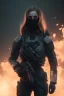 Placeholder: All Black suit Ana de Armas soldier, portrait, ghost mask, wearing high tech mask, white smoke, dark, rage, sorrow, high definition, ultra 8 k, volumetric lighting, blue fire, fog