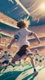 Placeholder: anime soccer player running as fast as the light, crowded stadium in the background