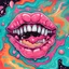 Placeholder: Surreal digital illustration of only a floating mouth that is puking out a psychedelic love spell, spilling from the large pair of cartoonist , overexaggerated lips, manga inspired, absurdist, postmodern, pastel color palette, fluid acrylic paint, epoxy resin , acrylic pour, unusual colors, trippy, gross, abstract, pulp fiction art style illustration, realvsx