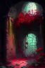 Placeholder: Abandonedteampunk dungeon room in overrun with vines and red flowers painterly fantasy rpg art