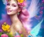 Placeholder: beautiful bright fairy portrait who smiles with long hair, thin face, two hands, two transparent wings on her back in a pink,blue, yellow flowers background,