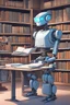 Placeholder: The library is serviced by computers, and there are many books on the shelves. The robot sits at the table and searches for books in the catalog in the computer Expression. High-quality drawing, 8K