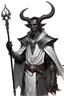 Placeholder: En Young male black skin black hair tiefling Wizard with large horns glowing Silver and White symbols Everywhere on his body. He's wearing silver and White Rope and a silver cloak. His horn a perfectly place on acet from the front to the back pointing upwards with glowing Red cat Eyes holding a quarterstaff. His close is elegant get simple