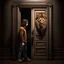 Placeholder: A young man enters a door and from the other side comes out a half-human, half-lion