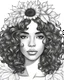 Placeholder: outline art for a gorgeous and sweet black lady face, bangs, wavy hair, sunflower in her hair, coloring page, long hair, white background, sketch style, only use outline, clean line art, white background, no shadows and clear and well outlined