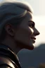 Placeholder: a close up side profile image of an evil angel, smiling and looking over the horizon on a very high cliff, 8k quality, supper realistic