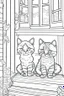 Placeholder: coloring page for kids, Cats on the porch, cartoon style, thick lines, low detail, no shading