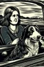 Placeholder: Block print stressed woman driving car with collie in front seat