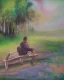 Placeholder: park mystical dream, park bench, man, woman, child, dog, trees, path, bird, sunshine, mystical, fantasy, romanticism, pastel colors, daylight, daytime, acrylic painting, detailed,