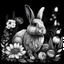 Placeholder: colorless a beautiful rabbit between seeds and big flowers black background .black and white colors. for a coloring. with grayscale