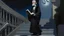 Placeholder: Oil painting of a 70 year old white man with white hair, wearing a black cassock and a black hat, standing on a long staircase with a book in his hands, with a building on the left and a column on the right, under a blue sky with a moon. The painting has a rough texture and a monochromatic color palette. The lighting is soft and diffused. The composition follows the rule of thirds. The medium is oil on canvas. The style is impressionistic.