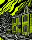 Placeholder: A yellow haunted mansion in a thunderstorm painted by Roy Lichtenstein