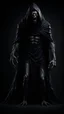 Placeholder: The scary monster in black mantle stands on black background