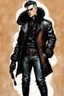 Placeholder: Create a fine art print , illustration of a small epic fantasy gothpunk thief character with short cropped hair, finely lined and detailed facial features, in an fur collared leather jerkin and breeches , a short oriental cloth belt at the waist, stealthy soft leather slippers, , in the comic book style of Bill Sienkiewicz, Howard Chaykin, Mike Mignola, Philippe Druillet, and Jean Giraud Moebius, precisely drawn, colored and inked