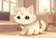 Placeholder: cute fluffy chibi beige cat measuring fever in a modern room in sunshine