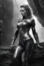 Placeholder: Generate an 8k image of a futuristic Hollywood superstar with android features, inspired by Luis Royo's art, wearing a metallic exosuit.In black and white, he draws the stages of human development from fetus to old age In a long room and a graveyard, and there is only one lighting source