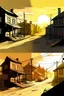 Placeholder: Scenes of a poor rural town with the sun shining on it in the style of a post-influencer school