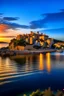 Placeholder: Paisaje de un pueblo mediterraneo catalán, vista panoramica, al atardecer, cuenta con una bahia y en la punta de ella un castillo del siglo 14 iluminandose, el agua del mar es color azul intenso, y las calles empedradas y estrechas, se encuentran sobre la bahia restaurantes de gran nivel y casas de tejas rojas. Debe verse la arena de la playa en la bahia y gente paseando por su rambla y en los restaurantes.