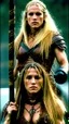 Placeholder: Amy Jo Johnson as hunter , Very muscular woman with long blonde hair in barbarian clothes with a bow