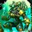 Placeholder: 90's TCG retro scifi art of a steampunk diver with big armor