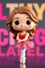 Placeholder: Funko figure of a very young female, smiling, long wavy light brown hair, wearing a ballerina dress, red dress, ballet, very cute, ballet pose,.very colorful background typography, 3D render.