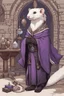 Placeholder: (anthropomorphic white ferret),dressed in ((cleric fantasy)) black and purple clothes with silver holy ornaments, realistic anatomy, fantasy tavern on background, mage and holy symbols around, serious face, hold holy symbol, tired face, in the style of LOISH, look at the vivewer, blue eyes, cute face, 2d, ink lines, fantasy inspire