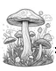 Placeholder: mushroom world minimalistic landscape. line art, background, vector, svg, coloring book page style, black outline on white background