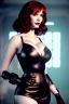 Placeholder: Christina Hendricks dressed in black leather gown, frank miller sin city, busty, cleavage, volumetric lighting, particales,highly detailed,cinematic, deep colours,8