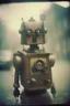 Placeholder: steampunk, vintage analog polaroid of a woman robot, female body, fog, lomography, heavy film grain, rain, color bleed, depth of field, bokeh, retro