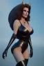 Placeholder: Raquel Welch as evil queen in black leather, leather, busty, cleavage, angry, stern look. character design by cory loftis, fenghua zhong, ryohei hase, ismail inceoglu and ruan jia. unreal engine 5, artistic lighting, highly detailed, photorealistic, fantasy