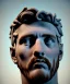 Placeholder: Gran angular, Realistic image, roman sculpture, marble material, Lionel Messi, Laurel wreath model, miguel angel style, emperador, God light, god rays, 4k resolution, ornate details, soft lighting, unreal engine 5, soft cyan background.