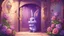 Placeholder: A purple rabbit enters a door decorated with magical colors, and underneath the door there are roses of different colors in a cartoon style.