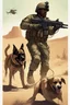 Placeholder: A soldier dog dressed in military combat uniform fighting another soldier dog in the hot desert landscape, digital illustration portrait, dog's face is snarling, aggressive, angry, Craig Miller , futuristic, pulp fiction graphic novel style, hyperrealism, photorealism