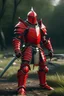 Placeholder: a full body image of a knight in cimson red armor og slayed the most of a battlefield