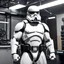 Placeholder: over muscular stormtrooper with gigantic biceps with veins in the training room