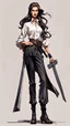 Placeholder: Full body character design, athletic Ukraine female with black wide leg pants, white blouse, face made of a Greek sculpture style , long hair, holding a trench cleaver, flat leather pouch on belt, thick heeled shoes