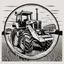 Placeholder: a circular frame made of spiraling wheat, a tractor at the center, thick line modern urban vector illustration, black on white vector