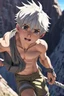 Placeholder: 8k quality realistic image of a beautiful anime boy, mountain climbing, no shirt, action, up close, 3d