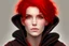 Placeholder: A woman with short, bright red hair, brown eyes, wearing a black hoodie.