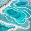 Placeholder: [top vertical view] a Detailed view from above digital illustration. The central focus is turquoise water flowed on the Salt Terraces of Pamukkale, Turkey
