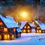 Placeholder: tiny fantasy farming village at night with wooden buildings in winter moonlight