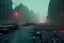 Placeholder: uptown manhattan, post apocalyptic, run down, residental homes , night time, destroyed buildings , unity, scriptable render pipeline , red tone , volumetric , blue emission , faded fog , lighting.