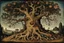 Placeholder: gnarled and twisted tree of life with faces and bodies in the trunk, deep colour, Hieronymus Bosch