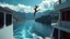 Placeholder: where a skilled female diver performs an impressive dive into the water, executing twists and turns mid-air. The description should capture the elegance of the ship, the beauty of the surrounding landscape, and the gracefulness of the diver's movements.