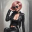 Placeholder: full body portrait -- an absolutely stacked female strawberry with pixie-cut hair, a perfect hourglass figure, perfect face, wearing a studded, black leather biker's jacket and pants with 12-inch platform boots and goggles,