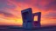 Placeholder: surreal and dreamlike, saturated, pastel, dreamy atmosphere, liquid psychedelic, Two identical square volumes emerge from a single rectangular base, rotating and opening in a circular formation, with the highest points reaching 15 meters, set against a vibrant sunset sky with orange and purple hues.