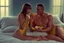 Placeholder: Digital painting of dad and two beautiful young teenage girl in a swimsuit on a bed. eating a banana. with dad, artstation, 8k, extremely detailed, ornate, cinematic lighting, vivid.