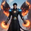 Placeholder: A 25 years boy persian in matte black robes with flaming eyes with grin with flaming light blue pupils stands atop a squire Two infinity gauntlets contain six infinity stones, one of which is made with nano In the hands of a powerful man walking While standing on a majestic height from afar With two big wings