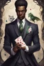 Placeholder: Dashing black man in a suit, holding a deck of cards. There's a young fey dragon with him.